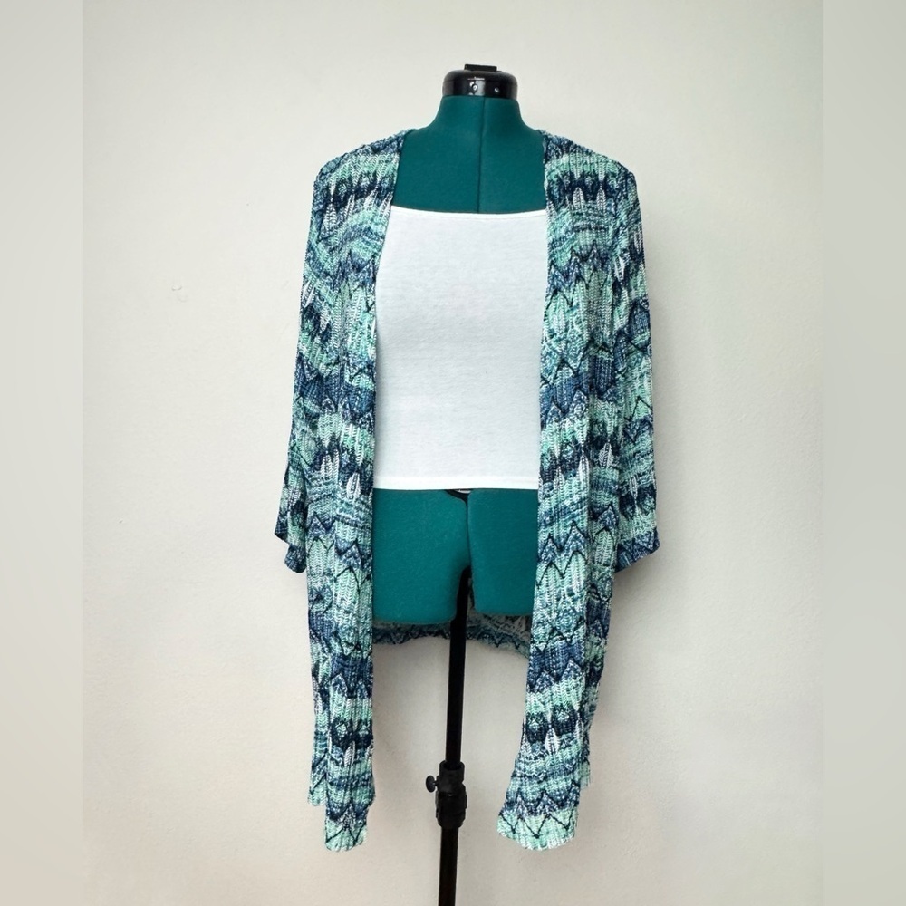 Catherines Women Open Front Cardigan 2X 22/24W Blue Green Knit Lightweight Plus